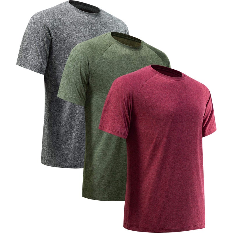 MCPORO Workout Shirts for Men Short Sleeve Quick Dry Athletic Gym Active T Shirt Moisture Wicking 3 Pack Dark Grey, Army Green, Wine Red X-Large - Image 1